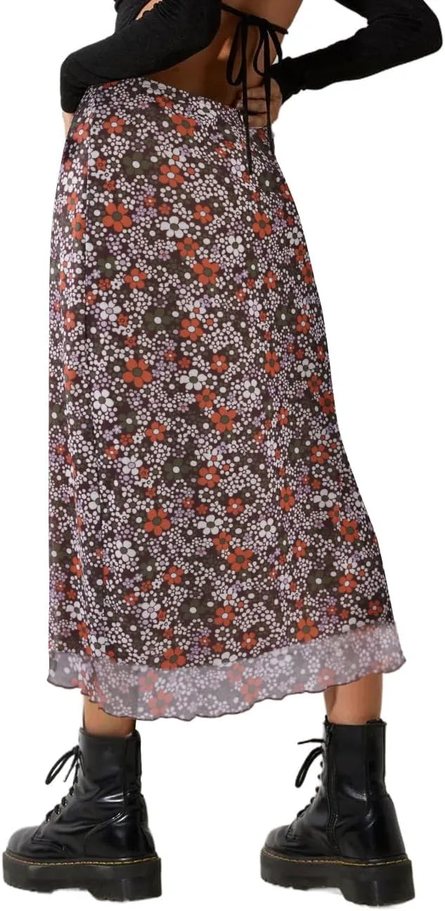SOFIA'S CHOICE Midi Skirts for Women Elastic High Waisted A Line Flowy Floral Skirt