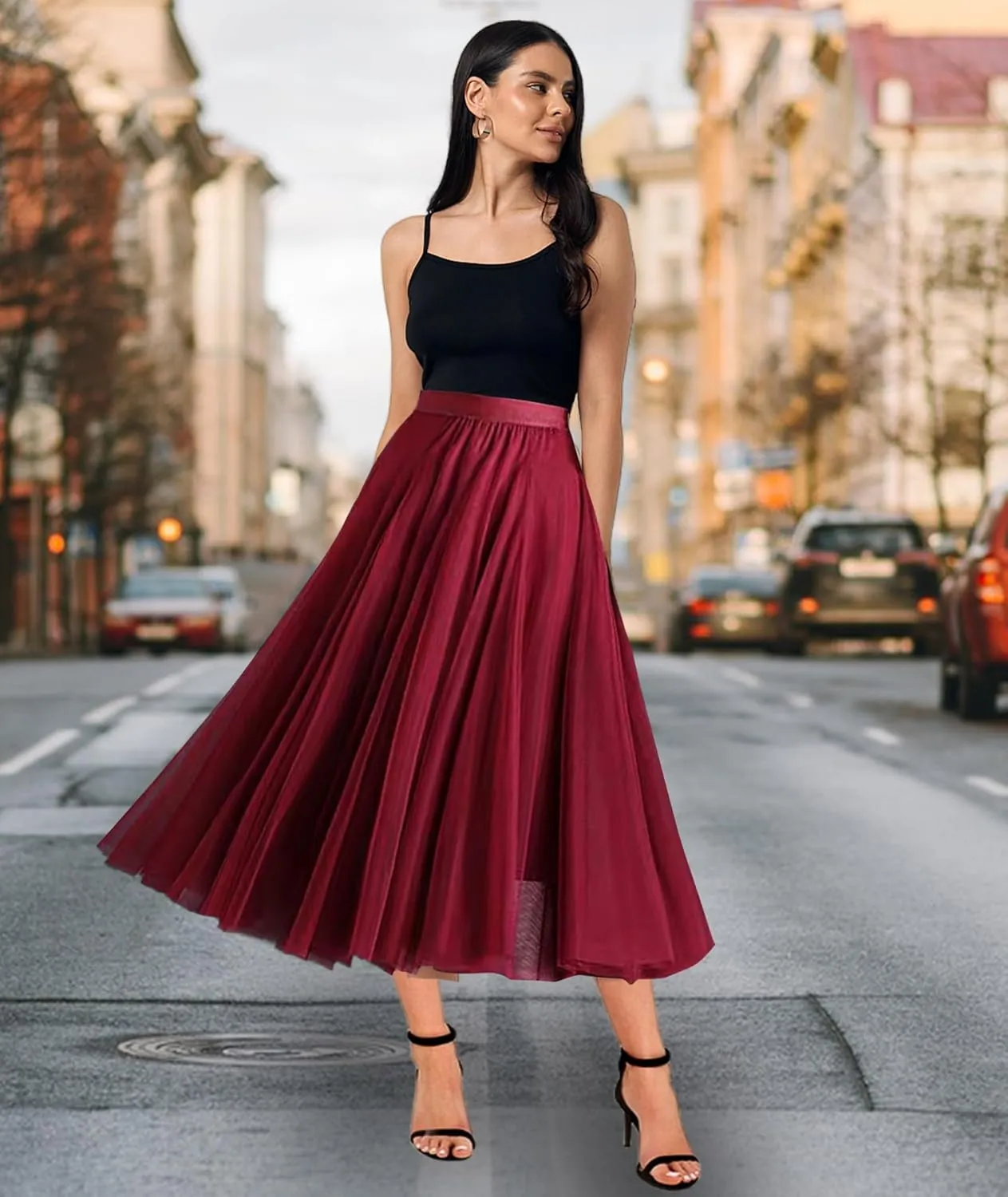 Tulle Skirts for Women Elastic High Waist Pleated Mesh Flowy A-Line Midi Skirts for Casual Party
