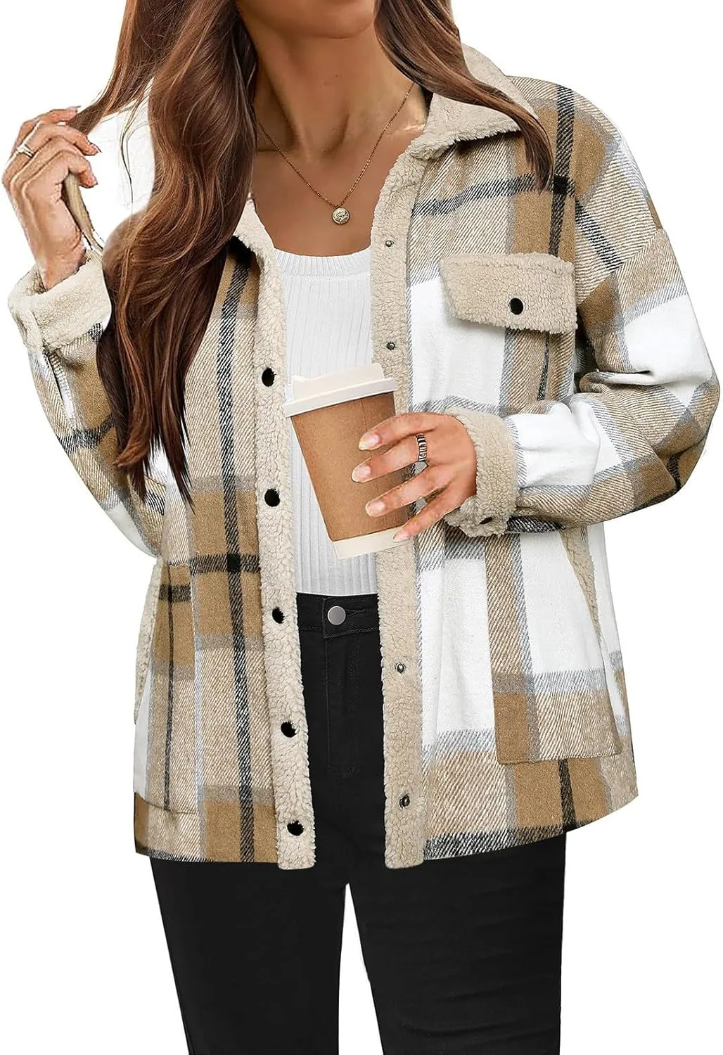 Women 2024 Hooded Flannel Jacket Warm Sherpa Shacket Fleece Lined Button Down Plaid Coat Trendy Fall Winter Outfits