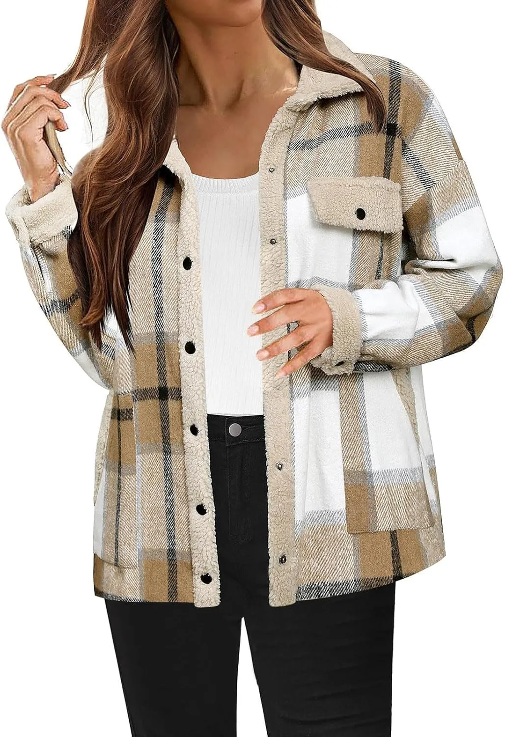 Women 2024 Hooded Flannel Jacket Warm Sherpa Shacket Fleece Lined Button Down Plaid Coat Trendy Fall Winter Outfits