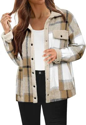 Women 2024 Hooded Flannel Jacket Warm Sherpa Shacket Fleece Lined Button Down Plaid Coat Trendy Fall Winter Outfits