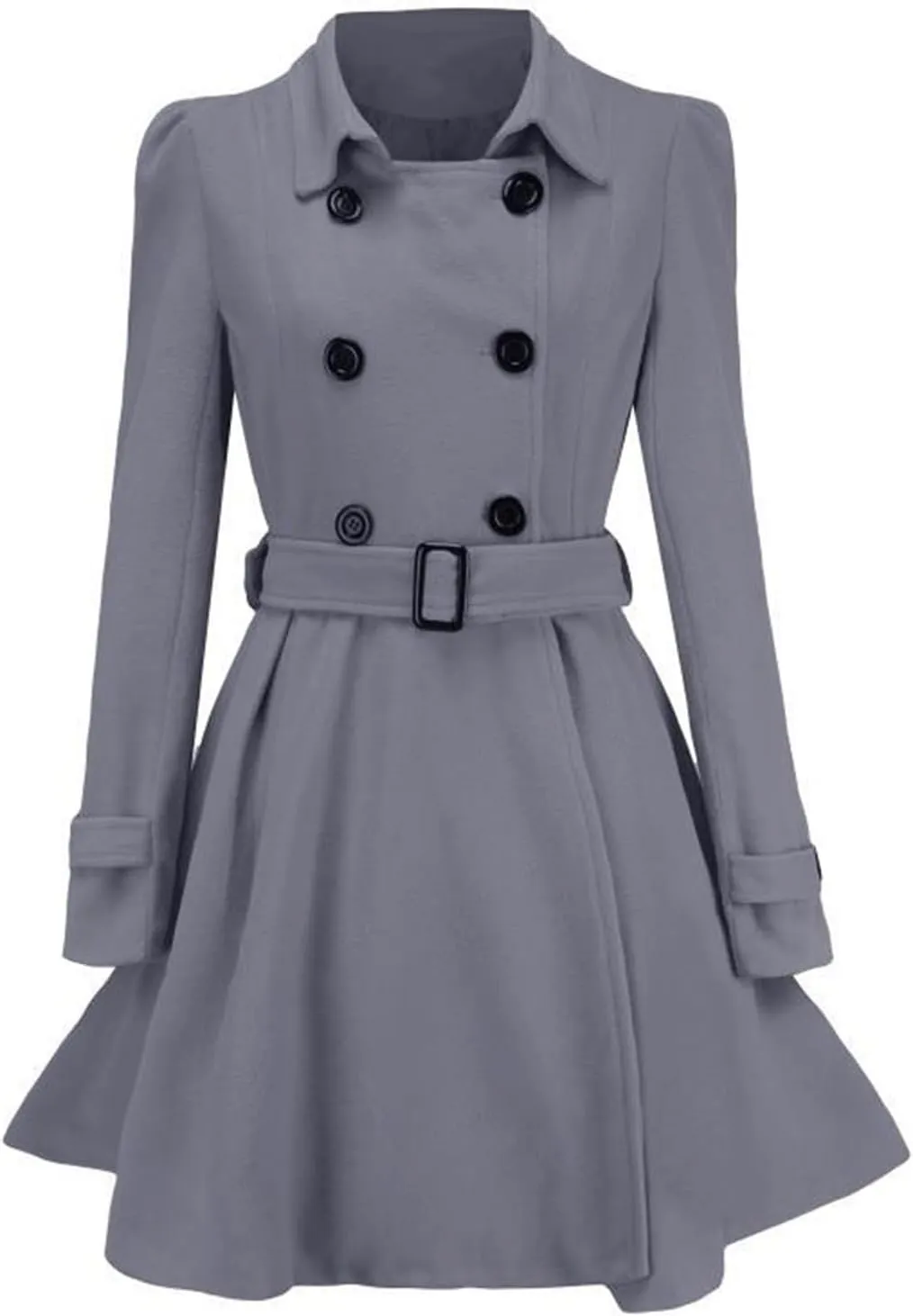 Women Fashion Lapel Double-Breasted Wool Trench Coat Winter Warm Long Sleeve Jacket A-Line Ruffle Hem Outwear with Belt