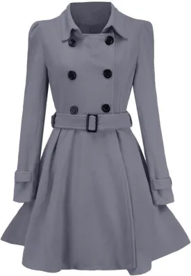 Women Fashion Lapel Double-Breasted Wool Trench Coat Winter Warm Long Sleeve Jacket A-Line Ruffle Hem Outwear with Belt