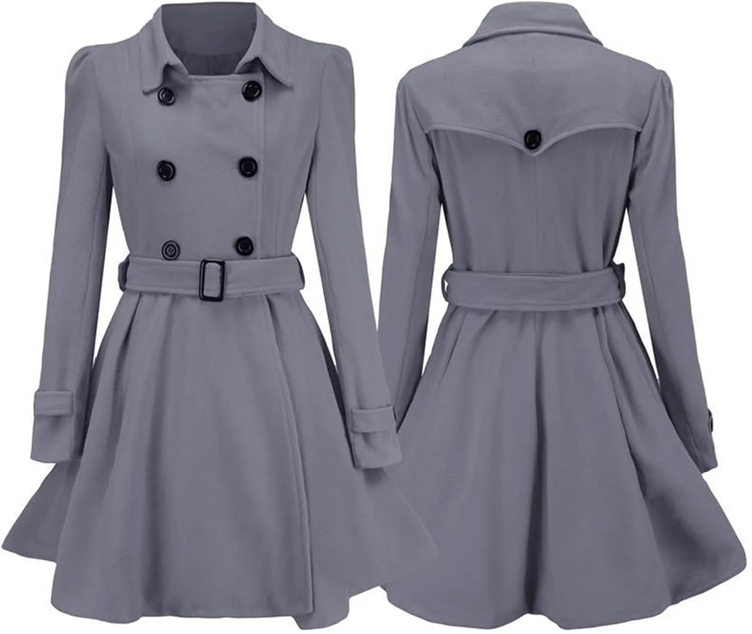 Women Fashion Lapel Double-Breasted Wool Trench Coat Winter Warm Long Sleeve Jacket A-Line Ruffle Hem Outwear with Belt