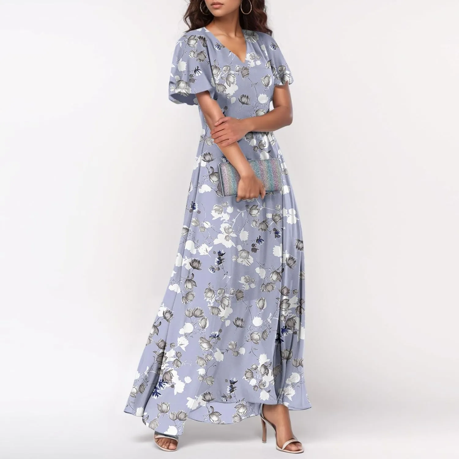 Women Floral Maxi Dress V Neck Flutter Sleeve Long Flowy Chiffon Dresses Casual Summer A Line Garden Party Dresses
