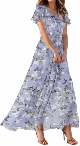 Women Floral Maxi Dress V Neck Flutter Sleeve Long Flowy Chiffon Dresses Casual Summer A Line Garden Party Dresses
