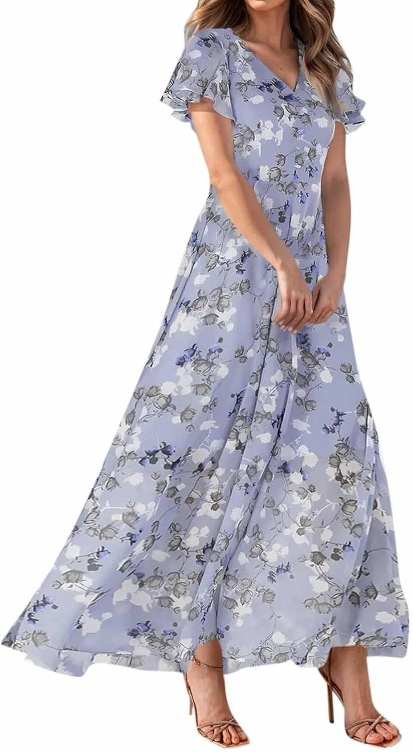Women Floral Maxi Dress V Neck Flutter Sleeve Long Flowy Chiffon Dresses Casual Summer A Line Garden Party Dresses