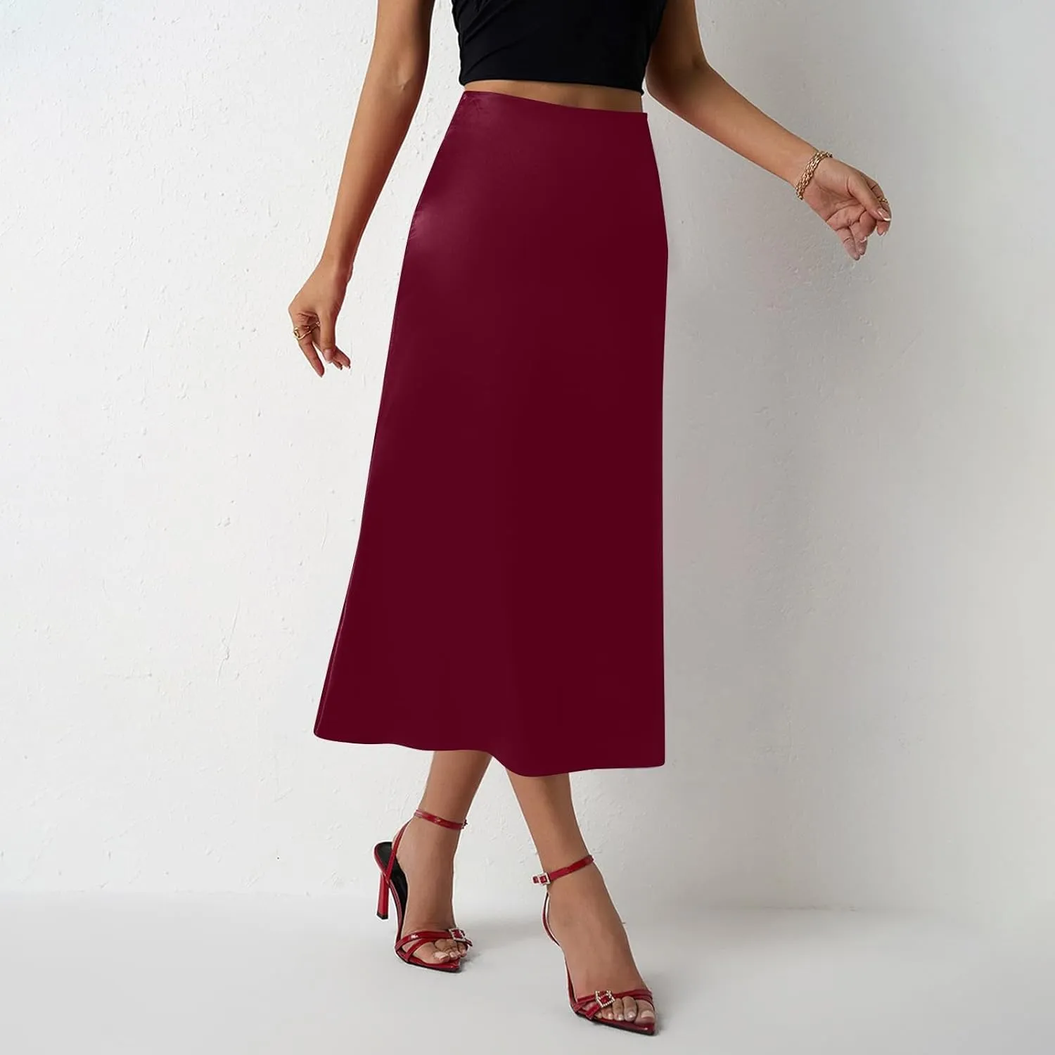 Women Summer Spring High Waist Satin Skirt Party Wedding Flowy Elegant A-Line Midi Skirts 2025, S-2XL