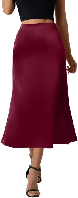 Women Summer Spring High Waist Satin Skirt Party Wedding Flowy Elegant A-Line Midi Skirts 2025, S-2XL