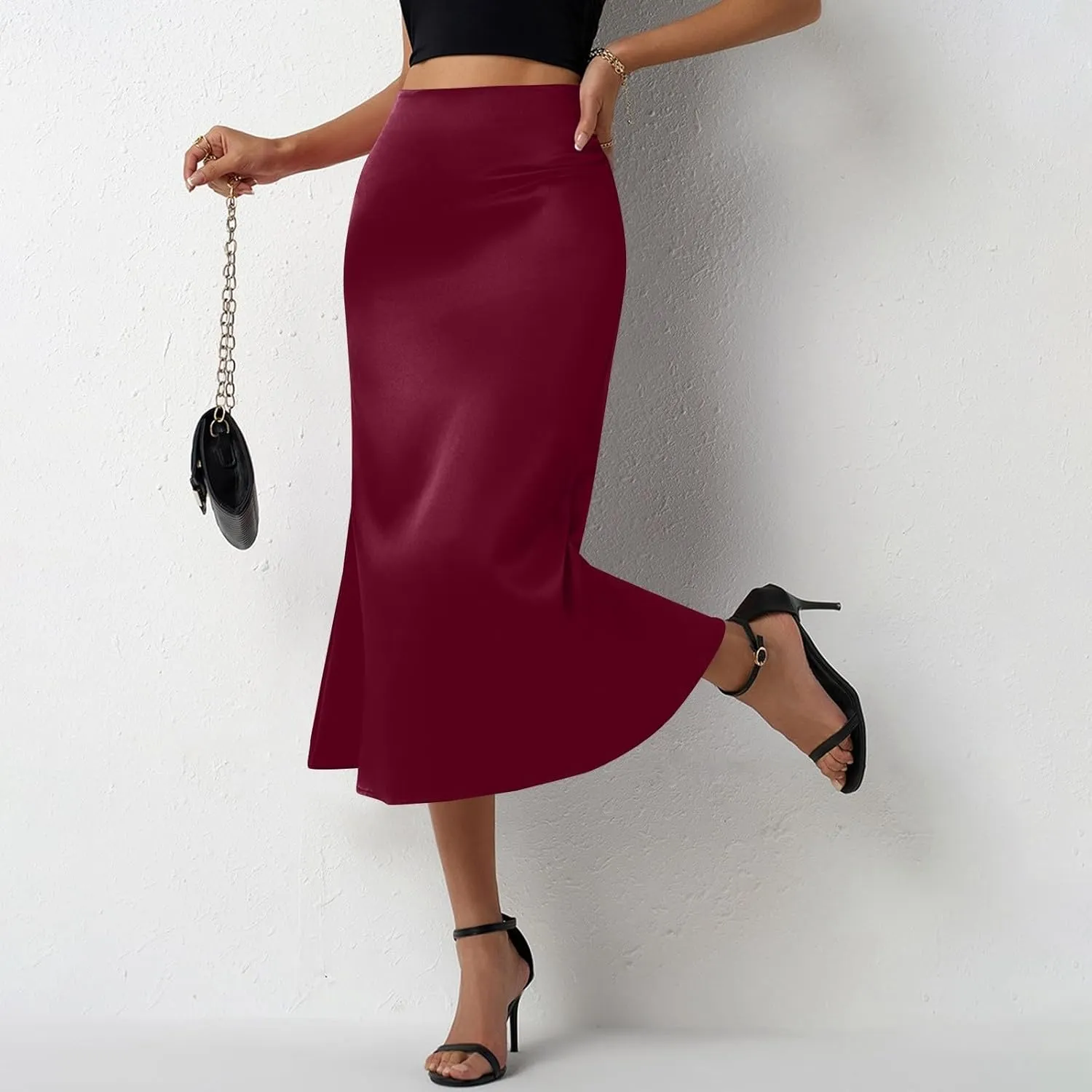 Women Summer Spring High Waist Satin Skirt Party Wedding Flowy Elegant A-Line Midi Skirts 2025, S-2XL