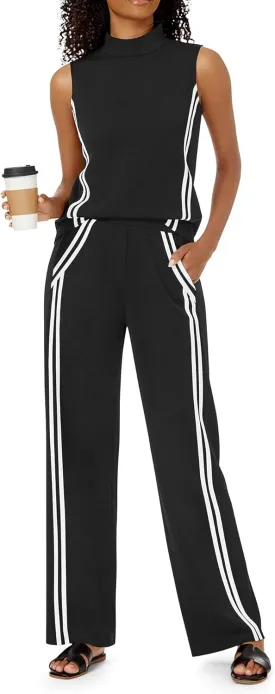 Womens 2 Piece Lounge Set Stripes Travel Outfits Sweatsuit Mock Neck Tank Top Wide Leg Pants Casual Activewear
