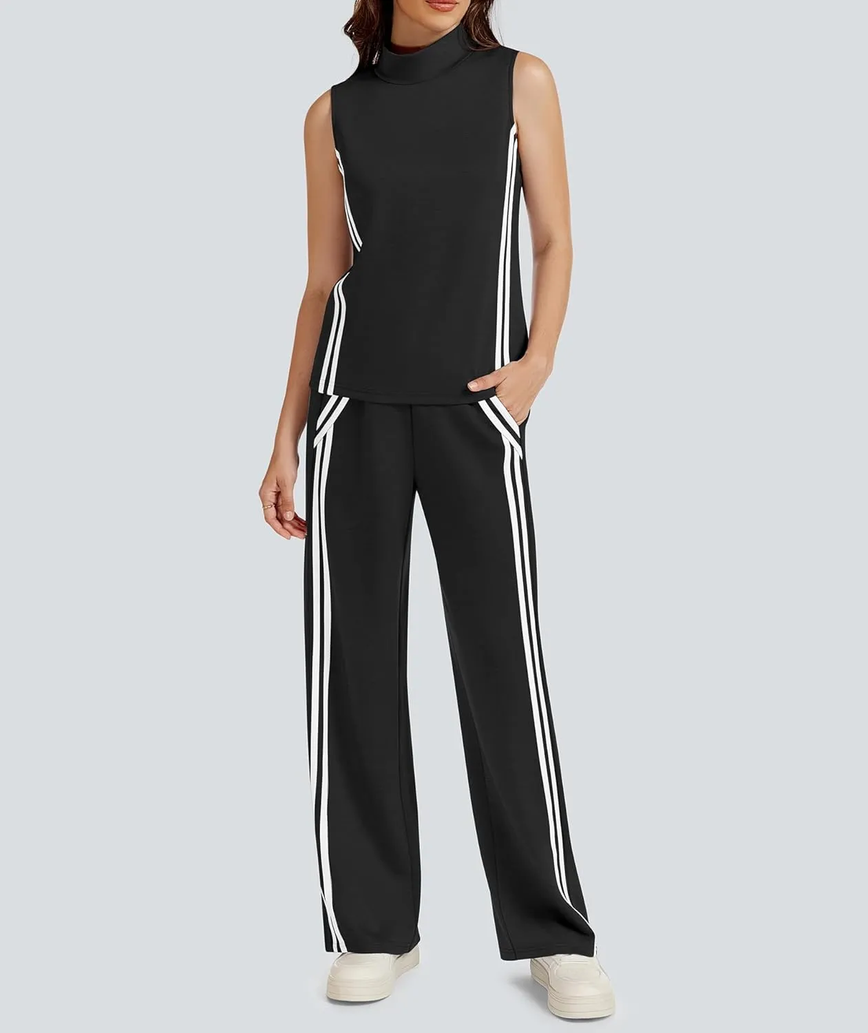 Womens 2 Piece Lounge Set Stripes Travel Outfits Sweatsuit Mock Neck Tank Top Wide Leg Pants Casual Activewear