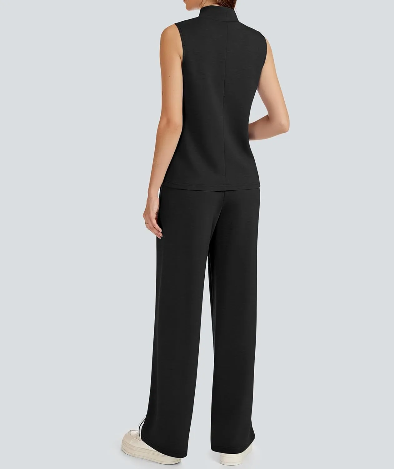 Womens 2 Piece Lounge Set Stripes Travel Outfits Sweatsuit Mock Neck Tank Top Wide Leg Pants Casual Activewear