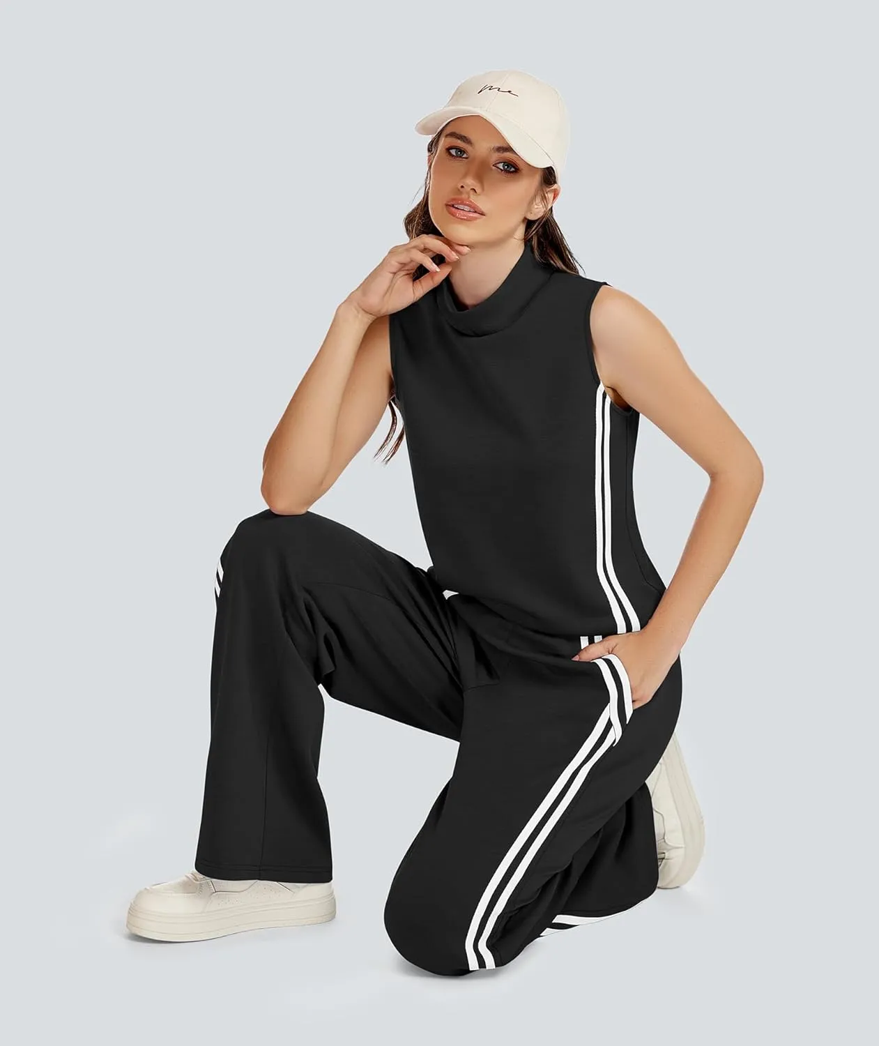 Womens 2 Piece Lounge Set Stripes Travel Outfits Sweatsuit Mock Neck Tank Top Wide Leg Pants Casual Activewear
