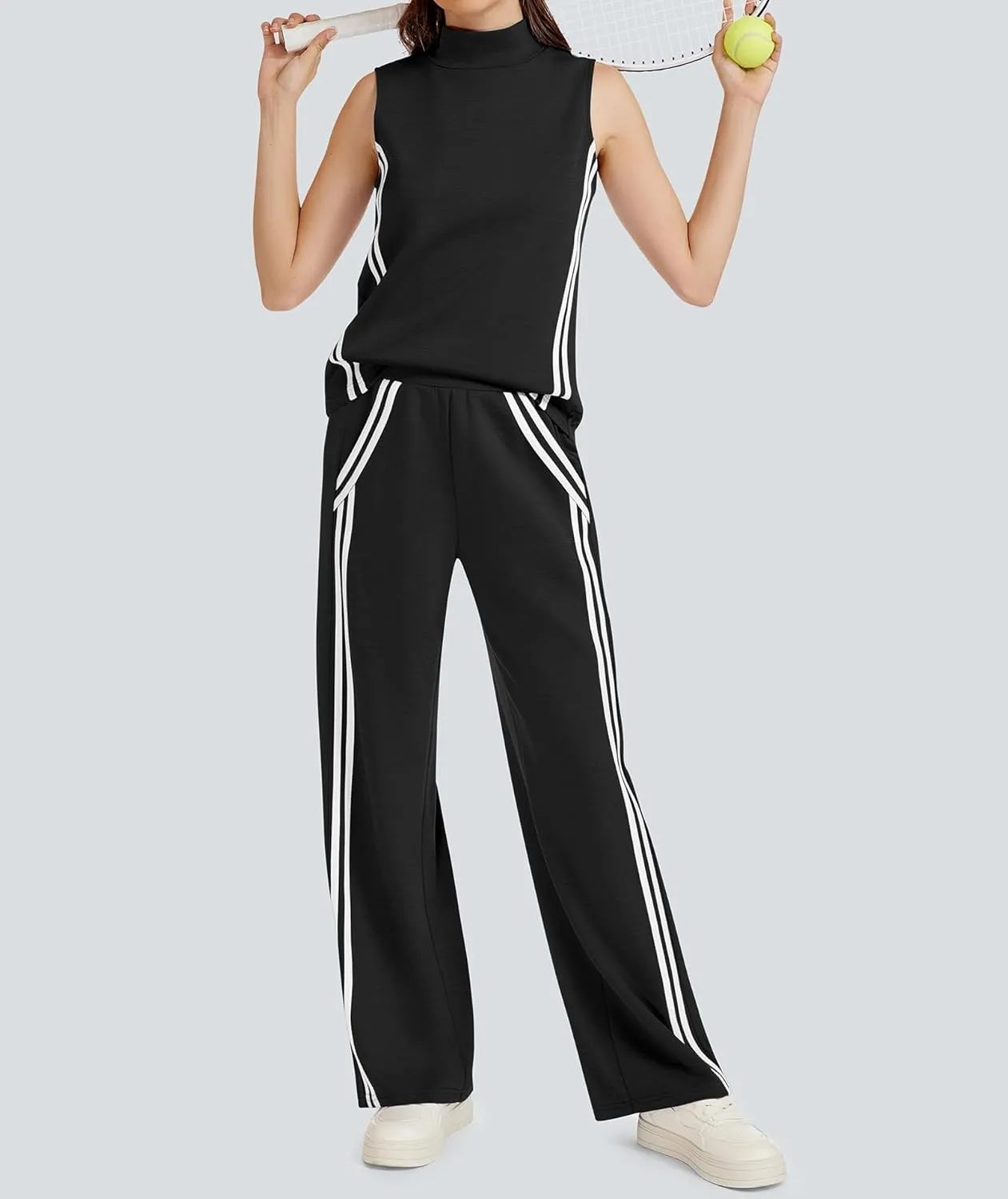Womens 2 Piece Lounge Set Stripes Travel Outfits Sweatsuit Mock Neck Tank Top Wide Leg Pants Casual Activewear