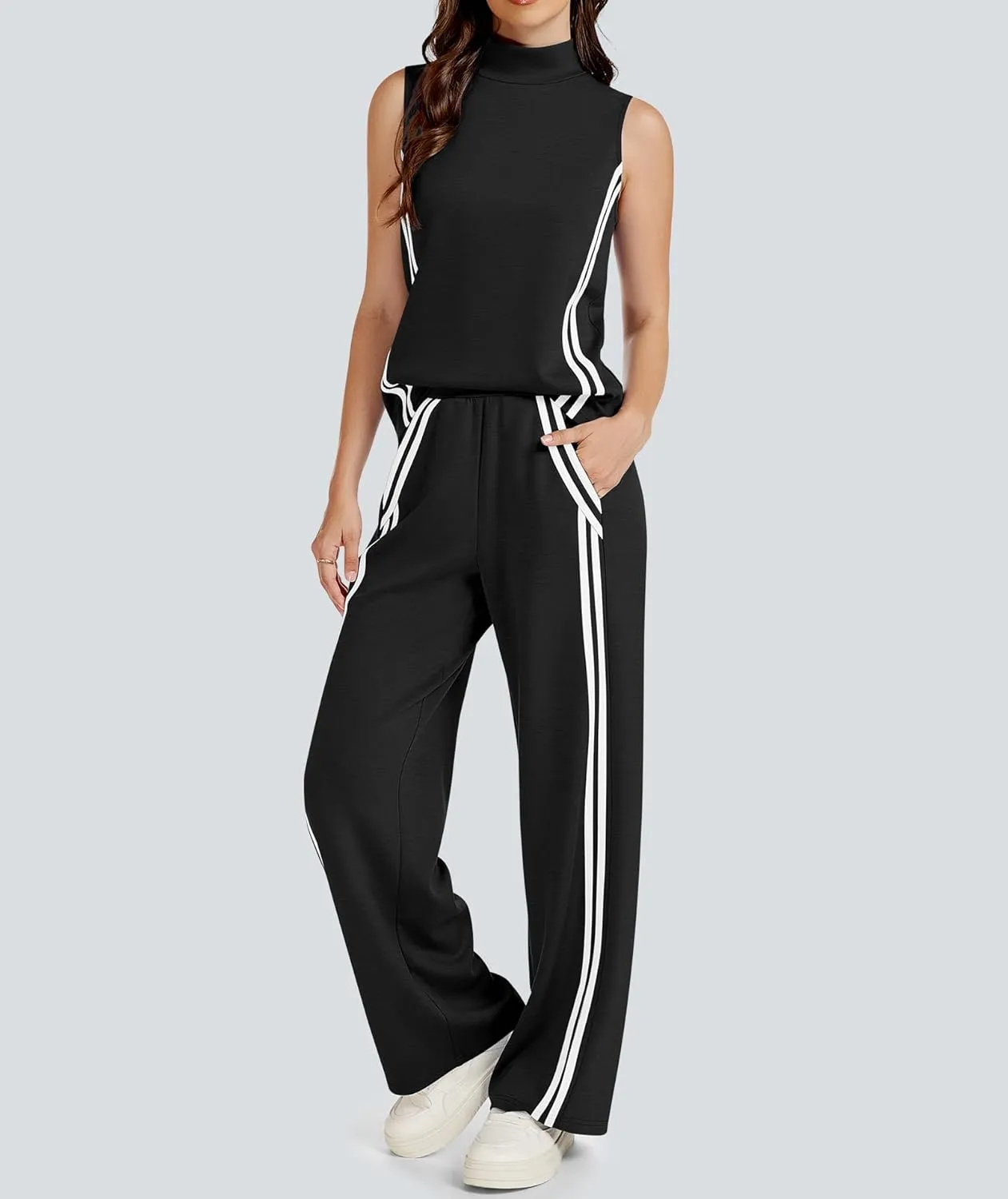 Womens 2 Piece Lounge Set Stripes Travel Outfits Sweatsuit Mock Neck Tank Top Wide Leg Pants Casual Activewear