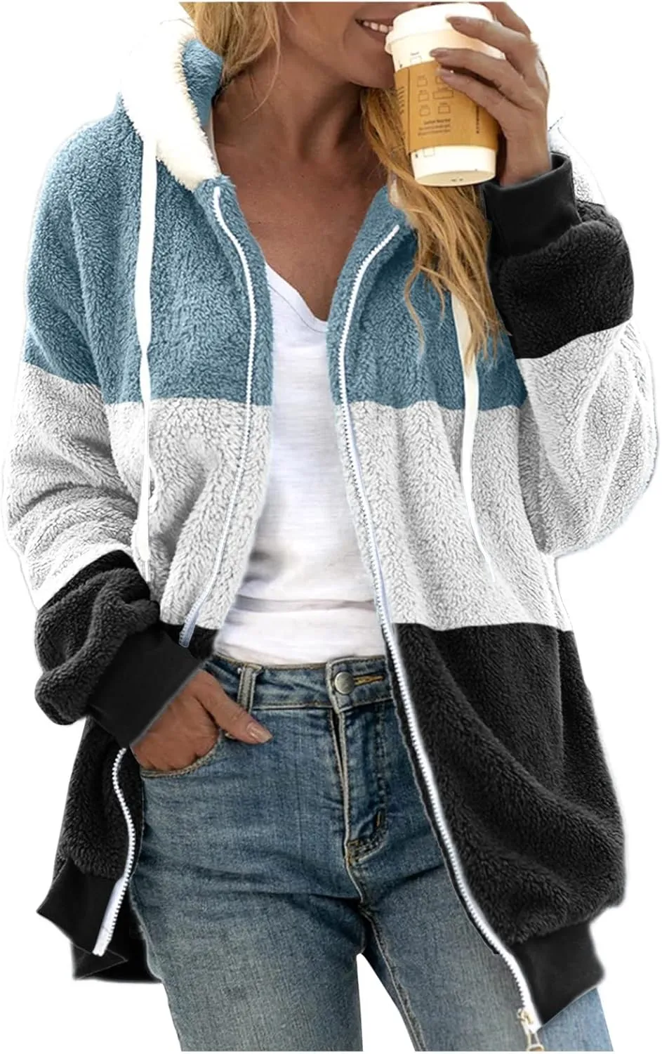 Womens 2023 Winter Fuzzy Fleece Jacket Hooded Color Block Patchwork Cardigan Coats