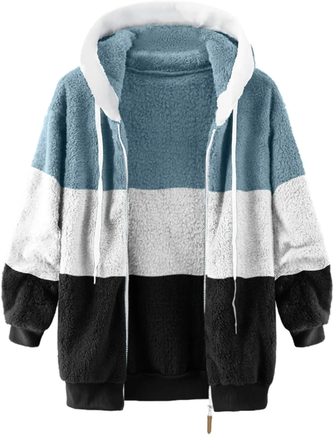 Womens 2023 Winter Fuzzy Fleece Jacket Hooded Color Block Patchwork Cardigan Coats