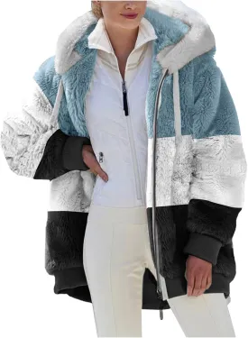 Womens 2023 Winter Fuzzy Fleece Jacket Hooded Color Block Patchwork Cardigan Coats