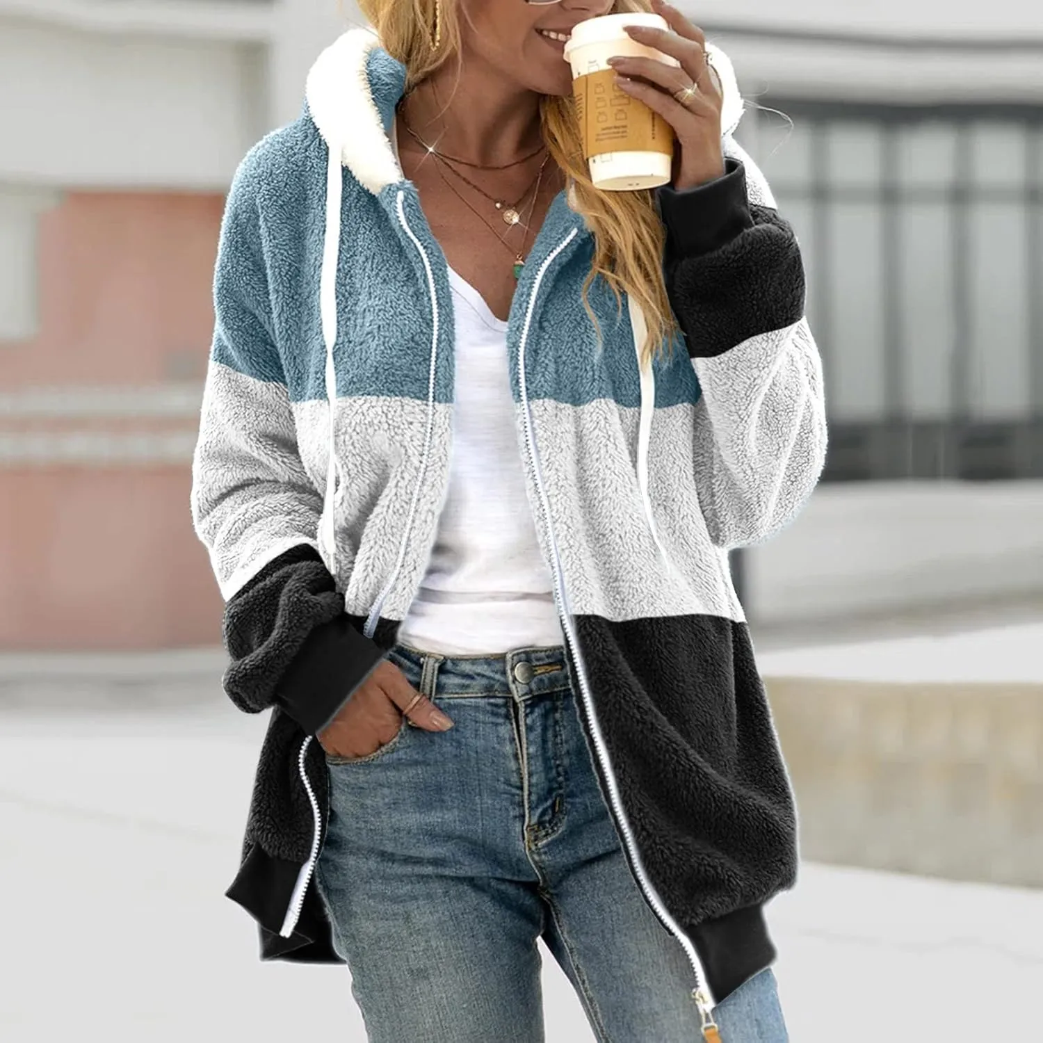Womens 2023 Winter Fuzzy Fleece Jacket Hooded Color Block Patchwork Cardigan Coats