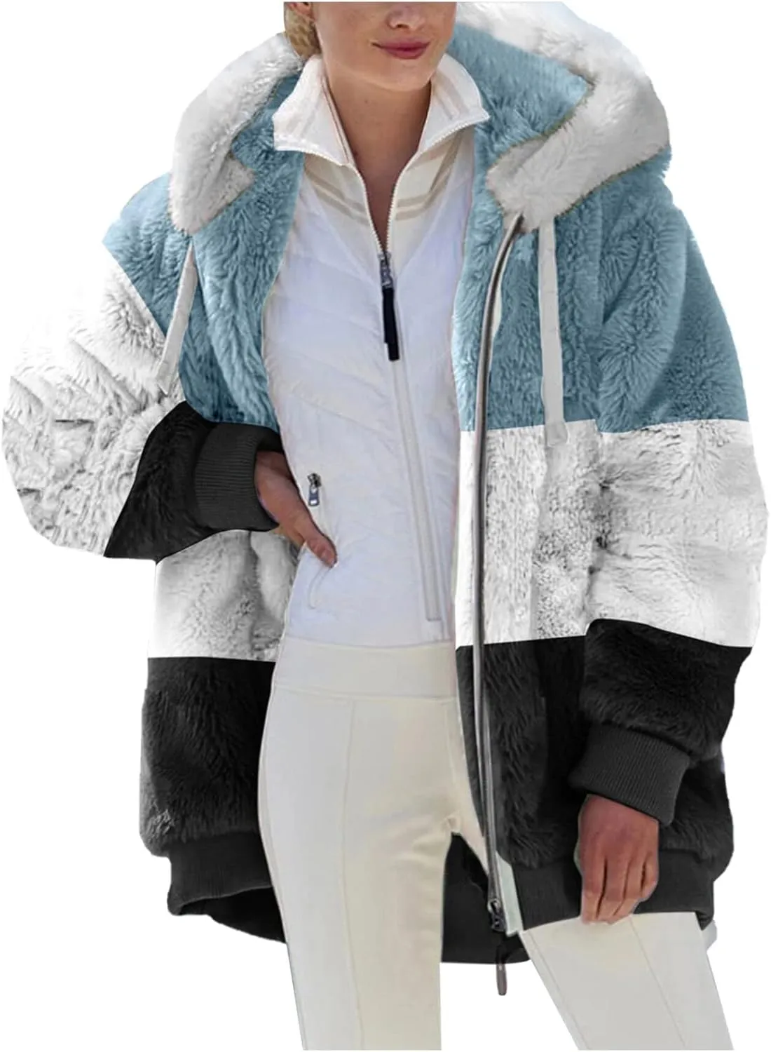 Womens 2023 Winter Fuzzy Fleece Jacket Hooded Color Block Patchwork Cardigan Coats