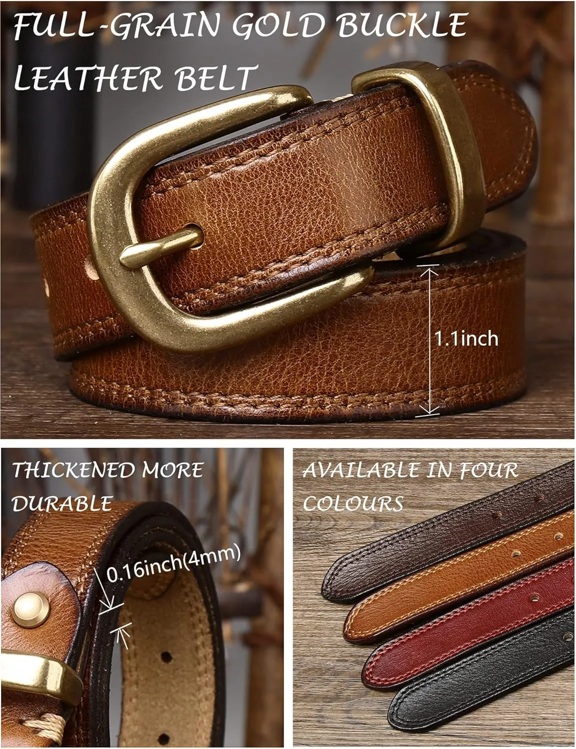 Womens Belts for Jeans 1.1" Width Ladies Belts for Dresses Full Grain Leather Gold Buckle Belt Gift Box