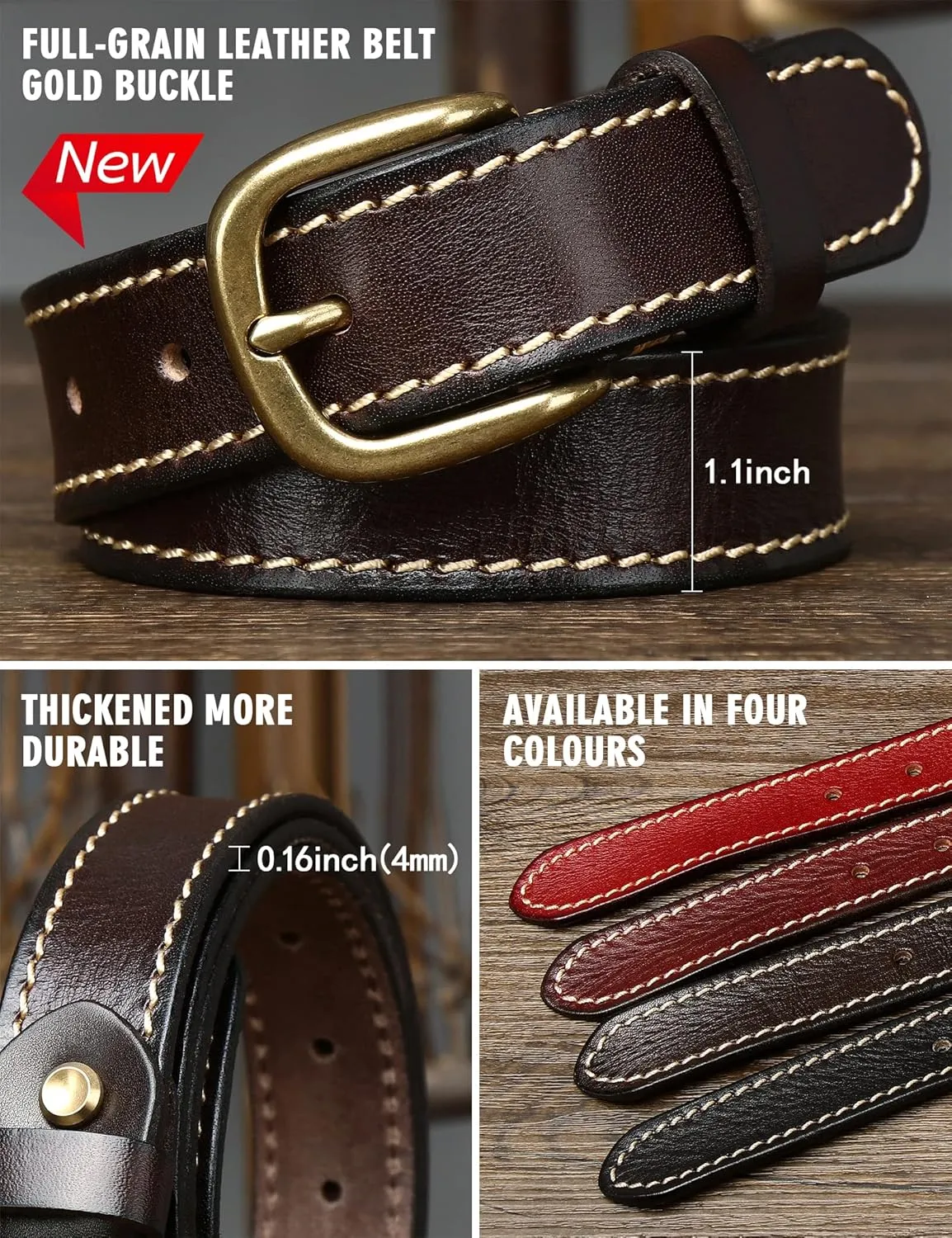 Womens Belts for Jeans 1.1" Width Ladies Belts for Dresses Full Grain Leather Gold Buckle Belt Gift Box