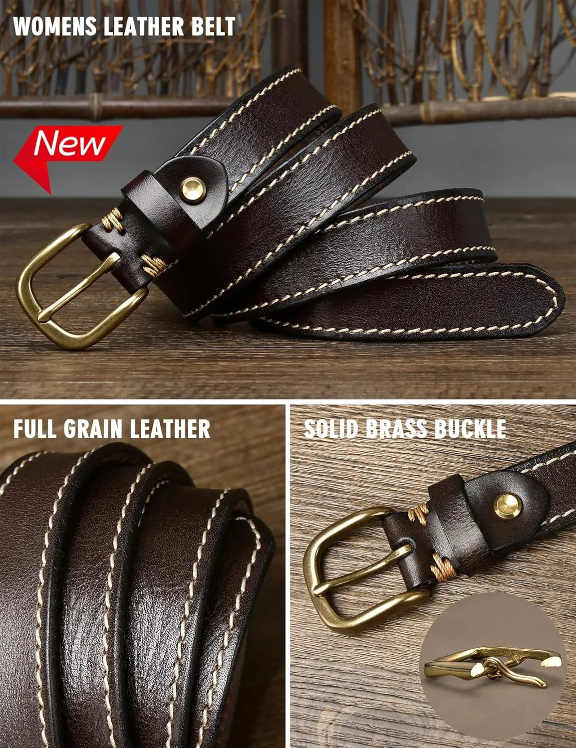 Womens Belts for Jeans 1.1" Width Ladies Belts for Dresses Full Grain Leather Gold Buckle Belt Gift Box