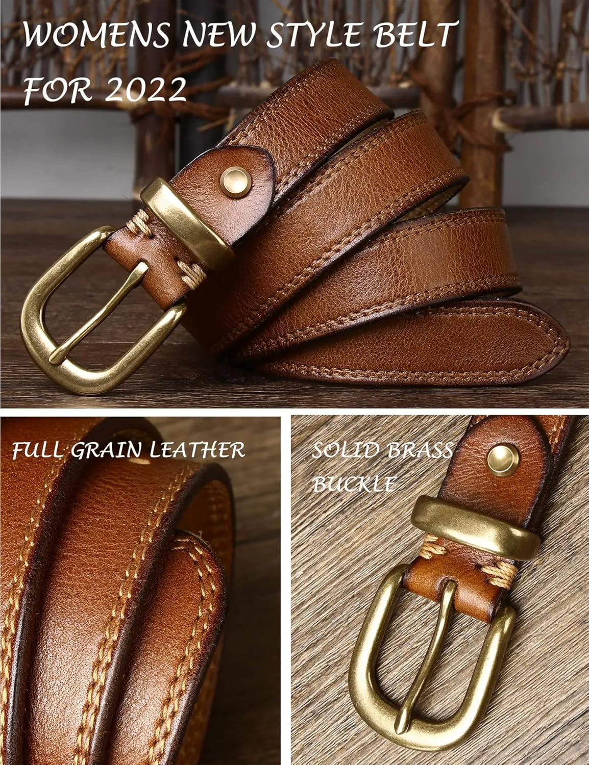 Womens Belts for Jeans 1.1" Width Ladies Belts for Dresses Full Grain Leather Gold Buckle Belt Gift Box