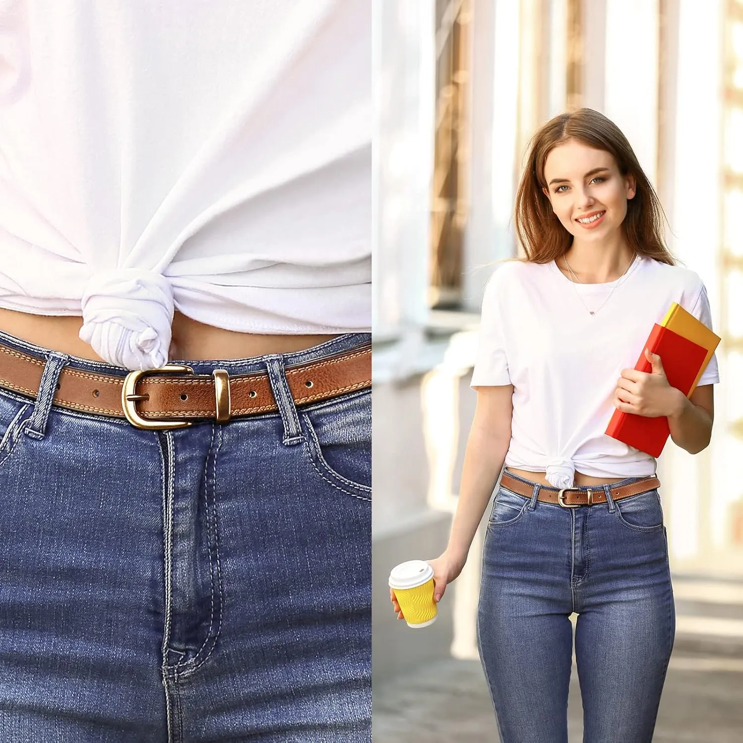 Womens Belts for Jeans 1.1" Width Ladies Belts for Dresses Full Grain Leather Gold Buckle Belt Gift Box