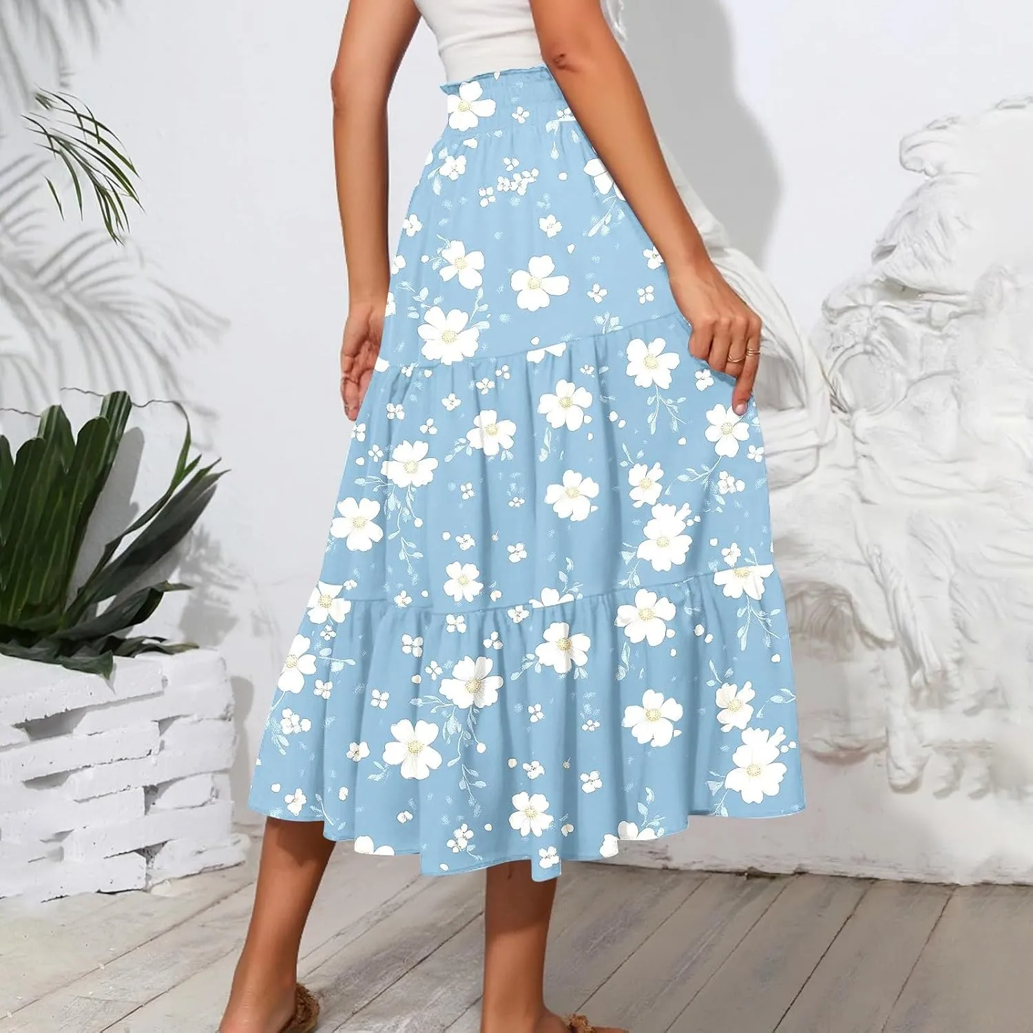 Women's Flowy Midi Skirt Pleated High Stretch Waisted Casual Boho Long Skirts with Pockets, S-2XL