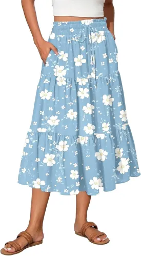Women's Flowy Midi Skirt Pleated High Stretch Waisted Casual Boho Long Skirts with Pockets, S-2XL