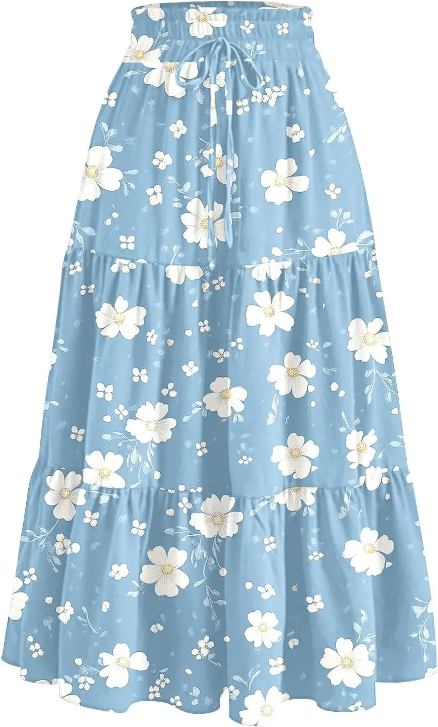 Women's Flowy Midi Skirt Pleated High Stretch Waisted Casual Boho Long Skirts with Pockets, S-2XL