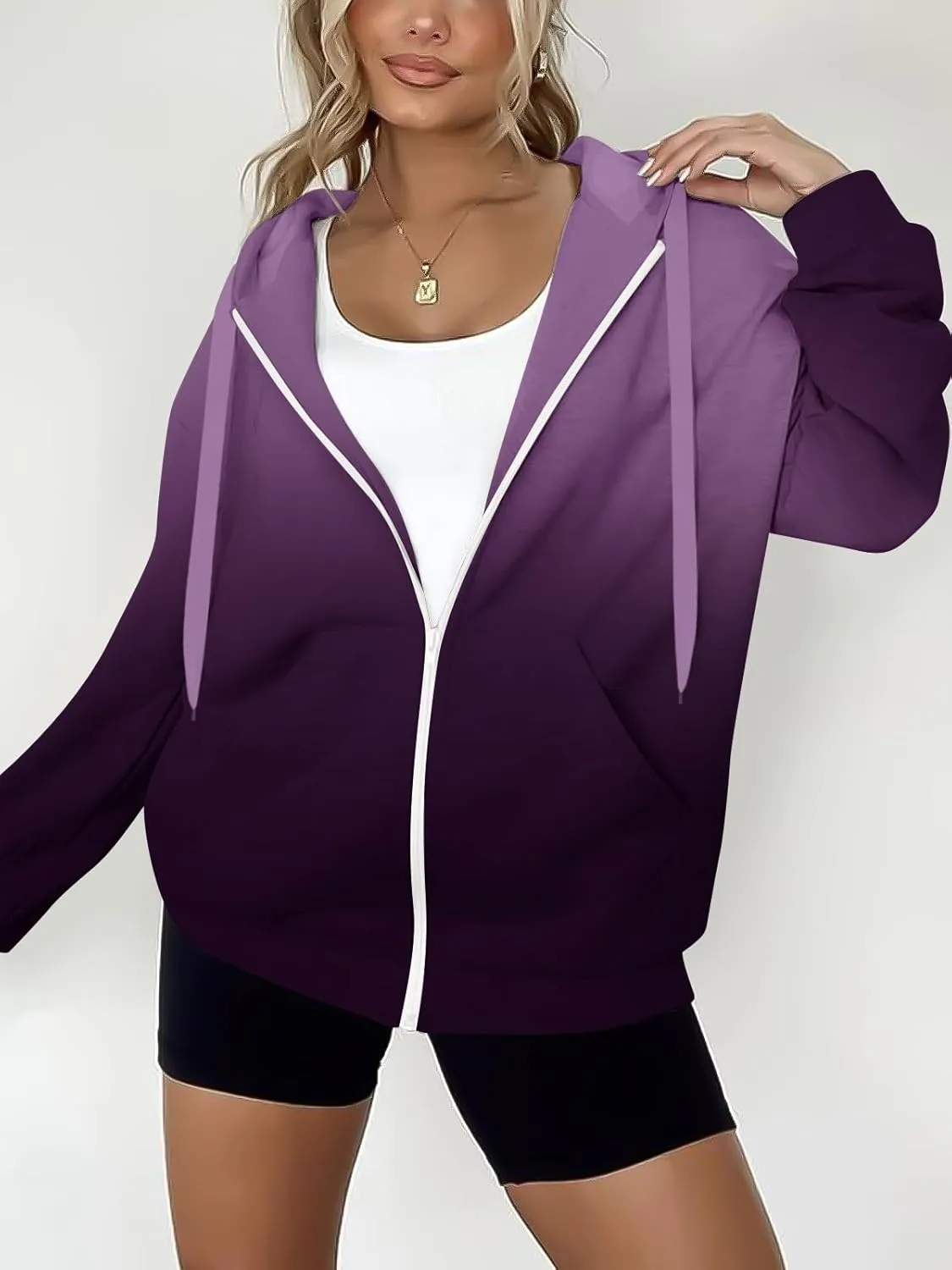 Women's Oversized Lightweight Hoodies for Women Full Zip Up Long Sleeve Drawstring Jackets