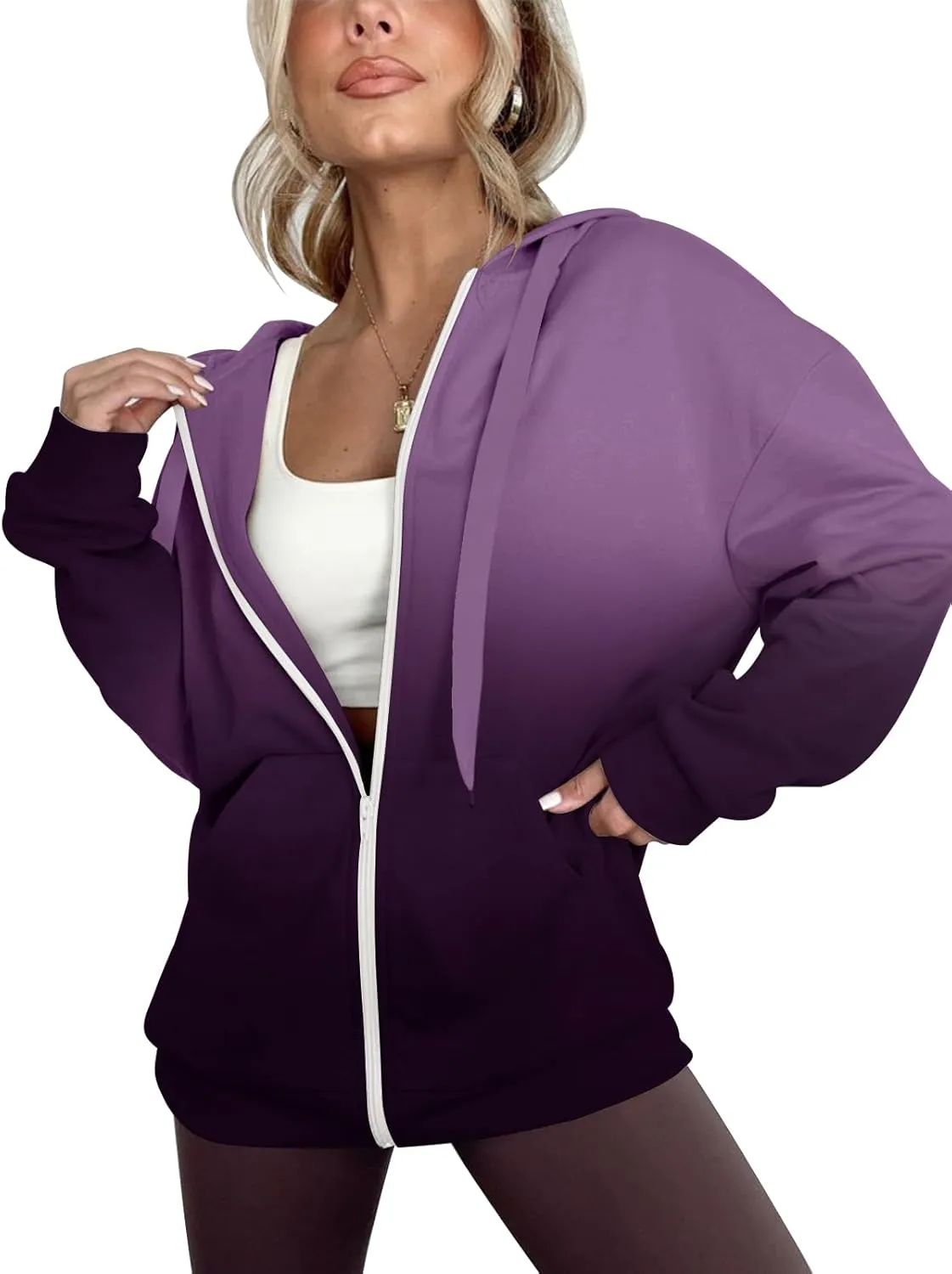 Women's Oversized Lightweight Hoodies for Women Full Zip Up Long Sleeve Drawstring Jackets