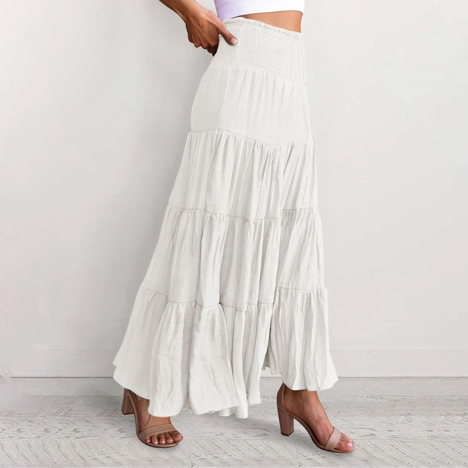 Women's Summer Boho Maxi Skirt Elastic High Waist Pleated Ruffle Beach Long Skirts 2025, S-2XL