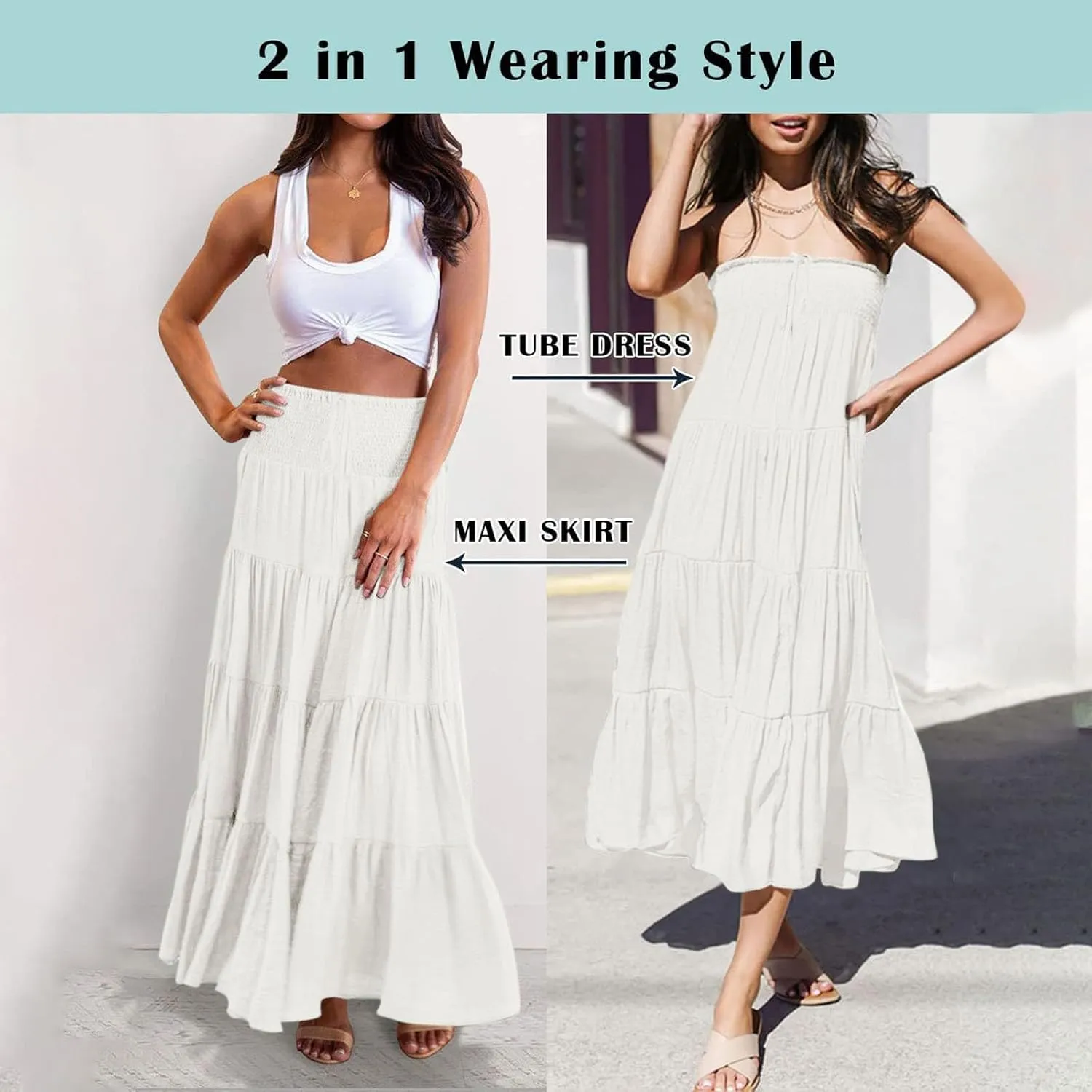 Women's Summer Boho Maxi Skirt Elastic High Waist Pleated Ruffle Beach Long Skirts 2025, S-2XL