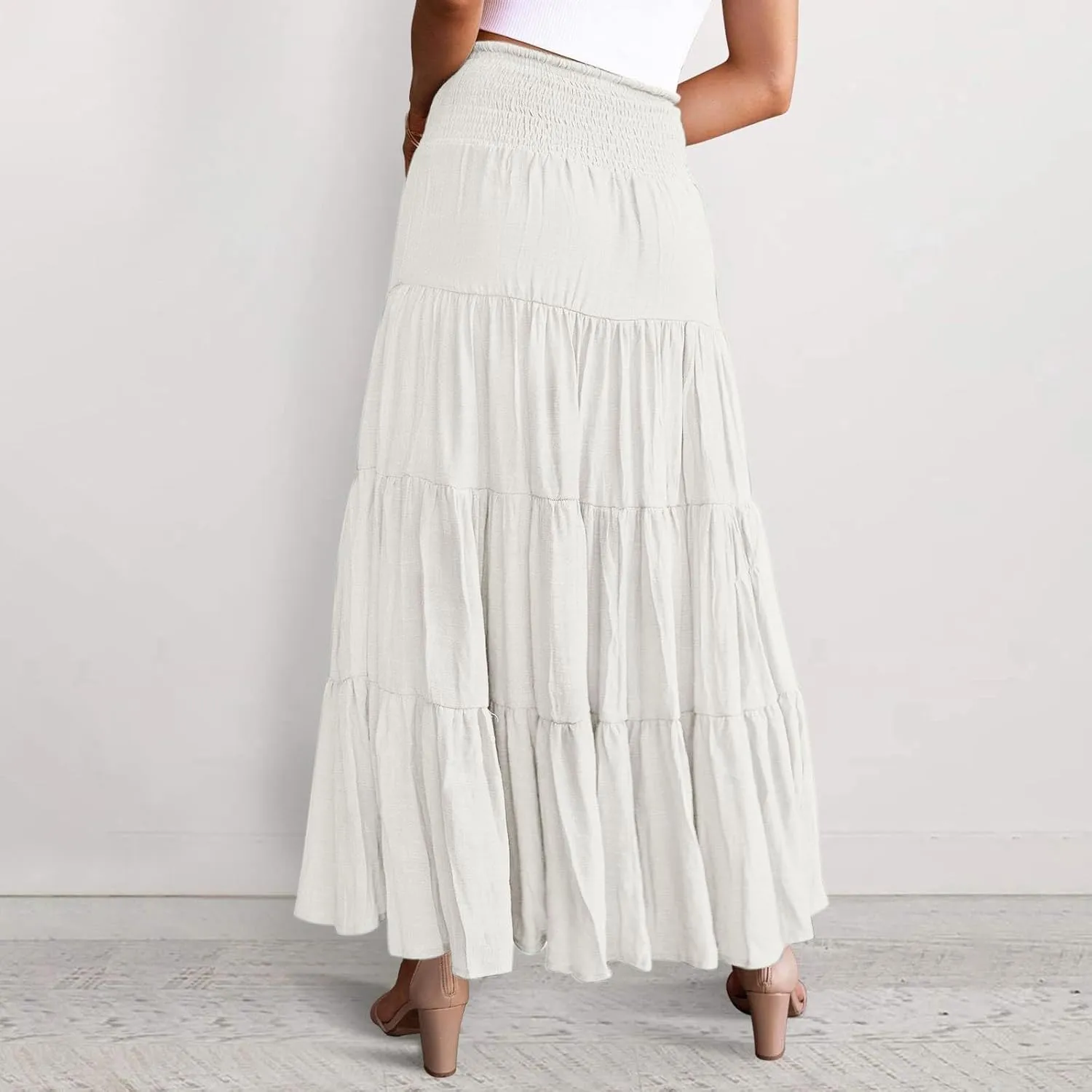 Women's Summer Boho Maxi Skirt Elastic High Waist Pleated Ruffle Beach Long Skirts 2025, S-2XL