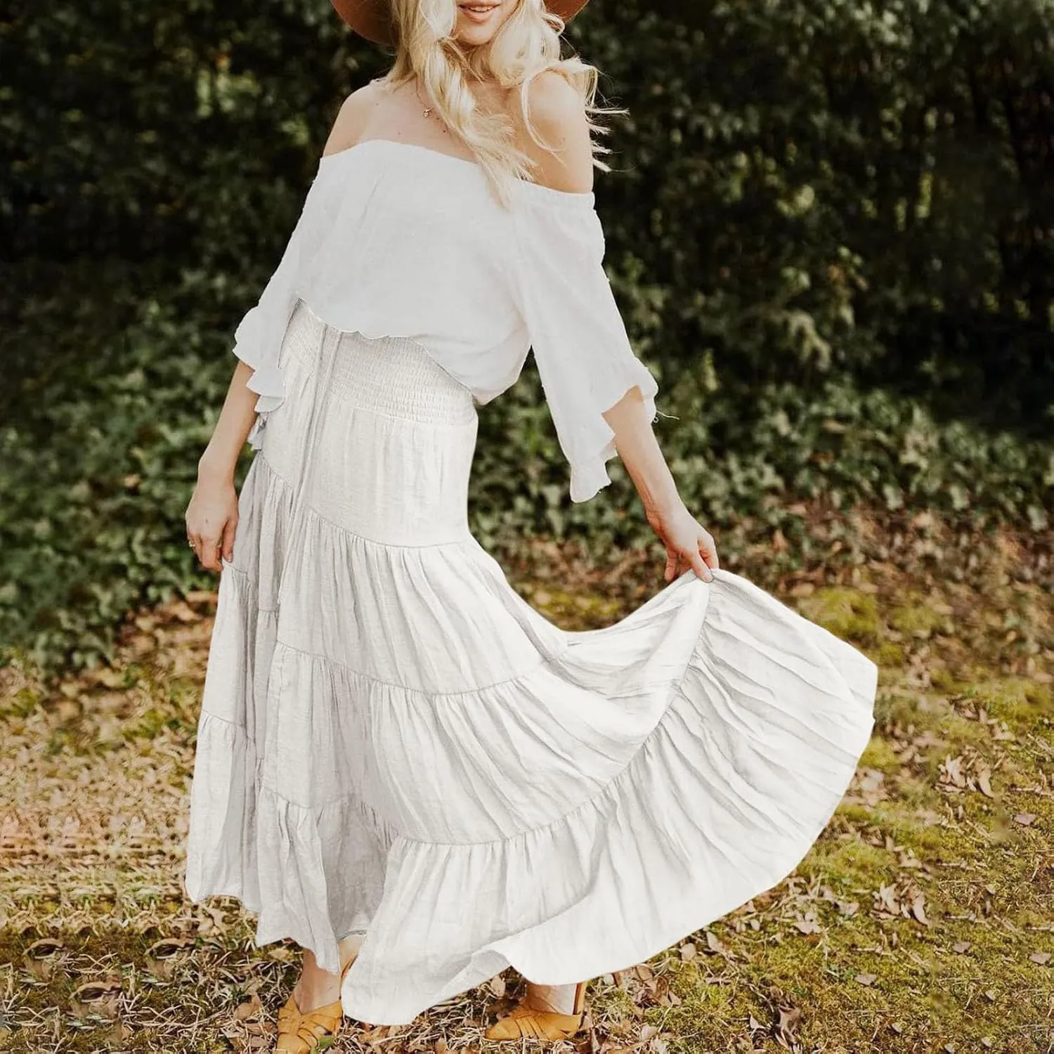 Women's Summer Boho Maxi Skirt Elastic High Waist Pleated Ruffle Beach Long Skirts 2025, S-2XL