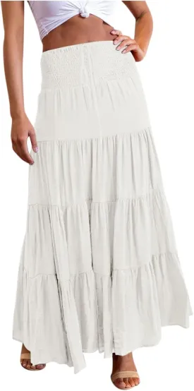 Women's Summer Boho Maxi Skirt Elastic High Waist Pleated Ruffle Beach Long Skirts 2025, S-2XL