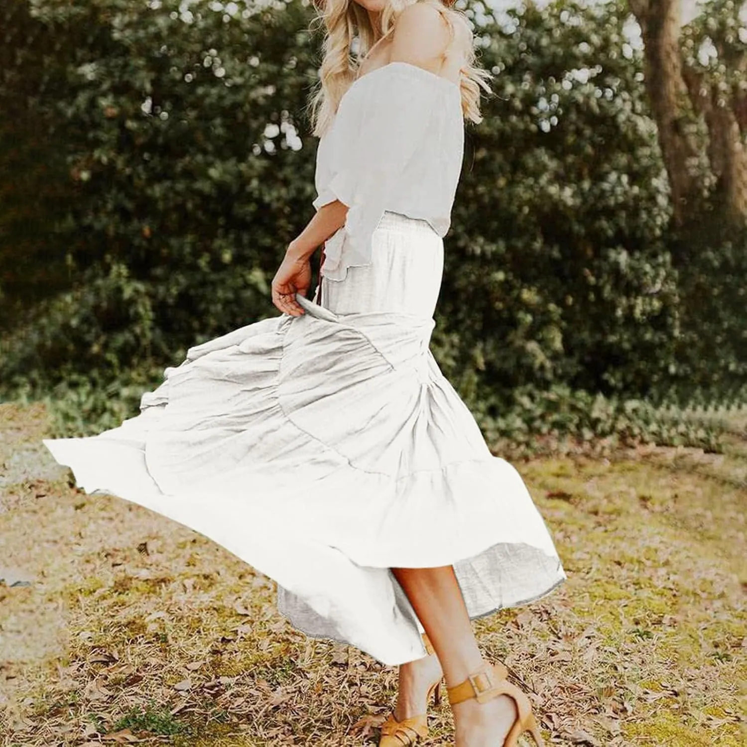 Women's Summer Boho Maxi Skirt Elastic High Waist Pleated Ruffle Beach Long Skirts 2025, S-2XL