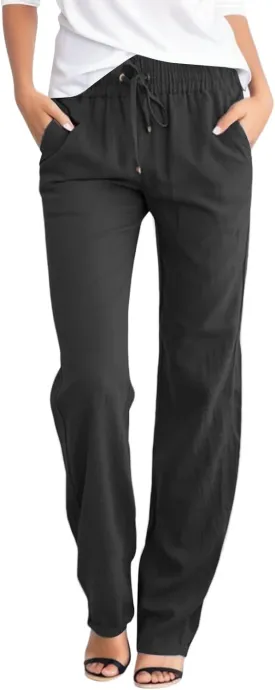 Womens Tapered Pants Straight Leg Solid Color Elastic High Waist Loose Lightweight Lounge Pants with Pockets