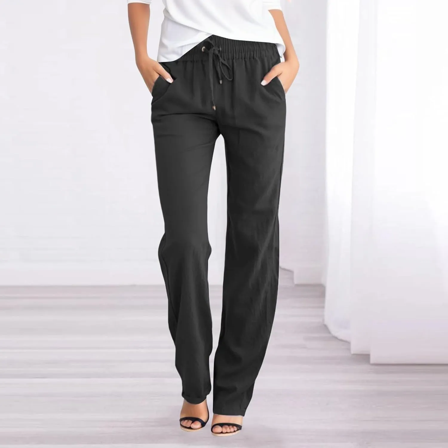 Womens Tapered Pants Straight Leg Solid Color Elastic High Waist Loose Lightweight Lounge Pants with Pockets